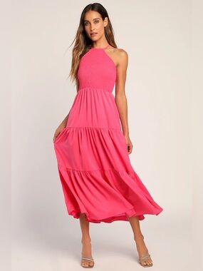 Lulus Pier and Now Hot Pink Smocked Tie Back Midi Dress
